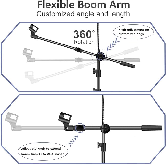 Mic Stand, Microphone Stand Floor Boom Mic Stand with Tablet Phone Holder Height Adjustable Four-legged Stand Gooseneck Boom Arm with 2 Mic Clips for Singing Stage Performance Party