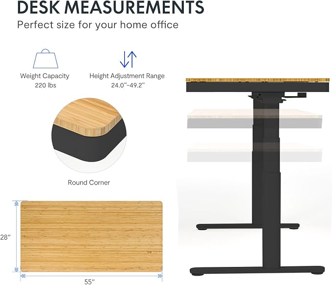 SANODESK Standing Desk with Drawer,Dual Motor 3 Stage Electric Height Adjustable Home Office Desk with Storage & Wireless Charging, 55 inch Bamboo Tabletop/Black Frame