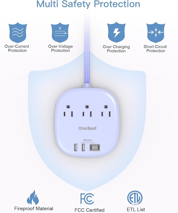 Cruise Ship Travel Essentials, 22.5W/4.5A Flat Plug Power Strip, 6Ft Extension Cord, 3 Outlets 4 USB Ports (2 USB C) Cruise Approved Power Strip No Surge Protection, Desktop Charging Station, Purple