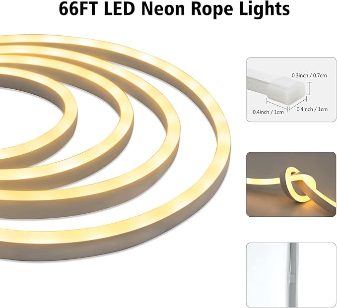 66Ft LED Neon Rope Lights 24V Dimmable 2400LEDs Strip Neon Light Warm White | Mains Powered, 24V, 66Ft, Adjustable, Dimmable, Timer, DIY Flexible, Waterproof