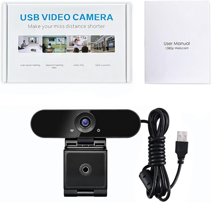 1080p Webcam with Dual Stereo Microphones & Privacy Cover, Full HD USB Desktop Web Computer Camera with Auto Light Correction for Video Conferences, Compatible with Windows & Mac, PC & Laptop