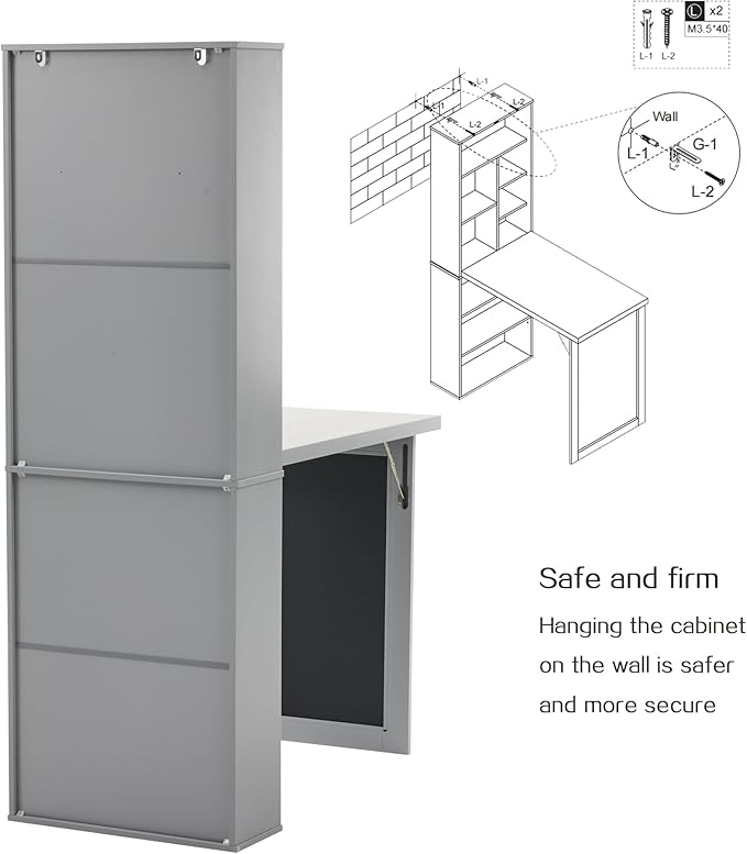 Folding Desk with Storage,Foldable Convertible Writing table with Blackboard and Shelves,Wall Mount Fold Out Table Cabinet , Space-Saving Murphy Desk for Multi-Function Home Office Workstation (Grey)