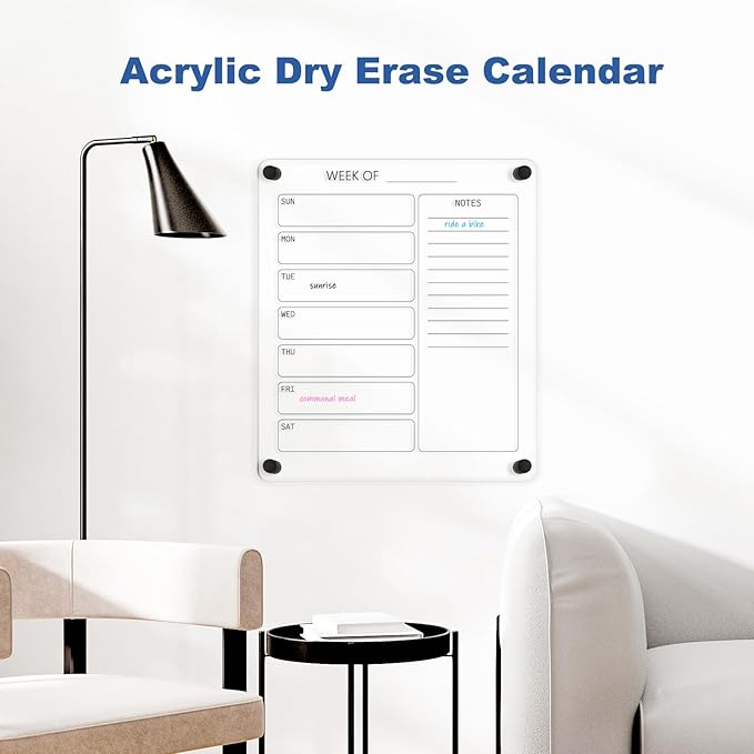 Acrylic Calendar for Wall Whiteboard, 14" x 12" Weekly Clear Dry Erase Board, Small Planning Board White Board for Wall, Home, Office, School, 2 Markers