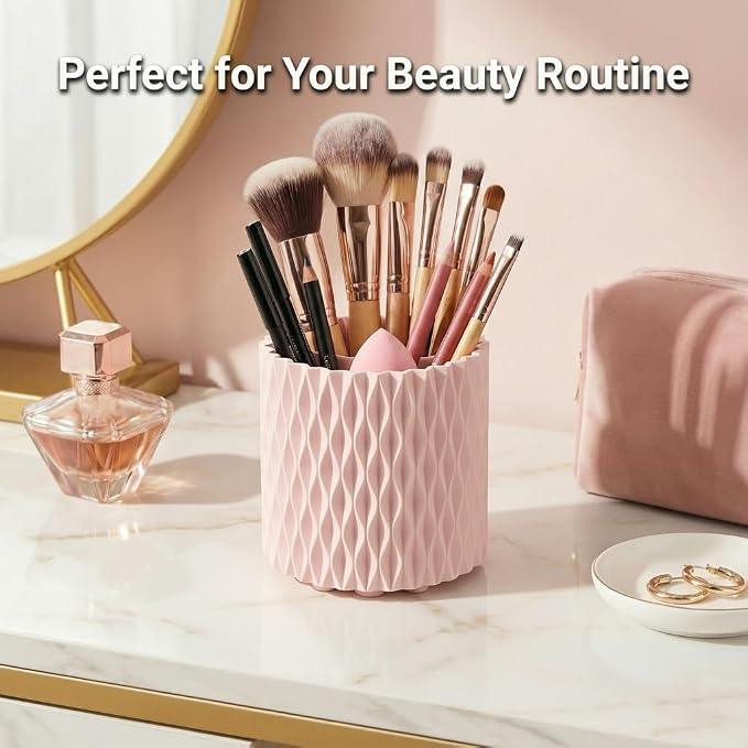 Pink Pen Holder for Desk, 360° Rotating Pencil Organizer, 5 Slots | Spinning multi-use organizer holds pens, makeup brushes, art supplies & markers — desk caddy for office, classroom or vanity