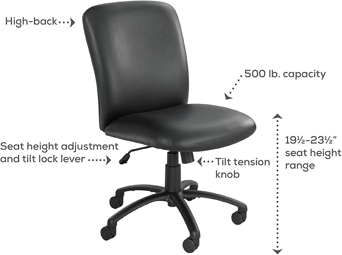 Safco Products High Back Big and Tall Swivel Desk Task Office Chair, 27" W x 30-1/4"D x 40-3/4-44-3/4" H, 500 lbs. Weight Capacity, for Professional or Home, Black Vinyl