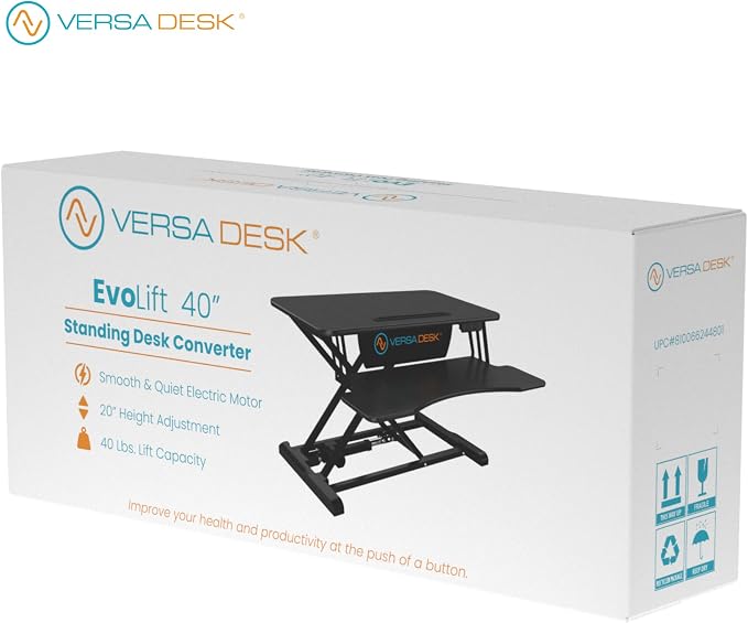 VERSADESK EvoLift 40" Electric Standing Desk Converter, Sit to Stand Motorized Desk Riser, 1-Button Easy Lift, Dual Monitor Workstation, Wide Keyboard Tray, Built-in Device Stand, Black