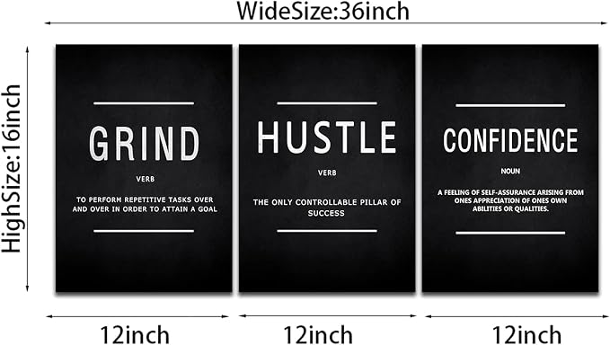 KAWAHONE Motivational Success Canvas Wall Art, Grind Hustle Confidence Wall Decor Framed Inspirational Entrepreneurs Painting Prints Quotes Poster for Office Workplace Ready to Hang