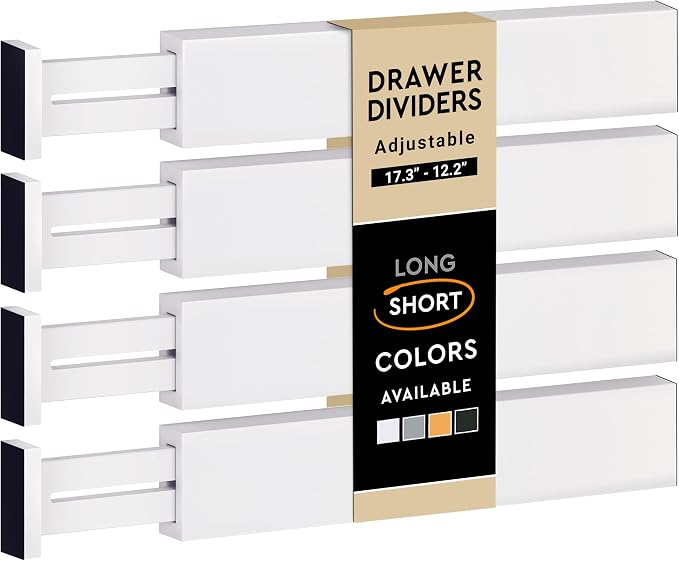 4-Pack Bamboo Drawer Dividers - 12.2 to 17.3 Inches Deep, 2.6 Inches High, Adjustable Expandable Drawer Organizer Dresser Separator for Clothes, Utensils, Kitchen, Bathroom, Office Storage, White