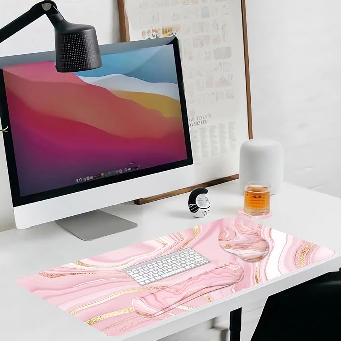 4-in-1 Gaming Mouse Pad Wrist Support Set,Desk Pad + Mouse Pad with Wrist Rest + Keyboard Wrist Rest + Coaster, Ergonomic Design for Home Office Study Game - Pink Fluid