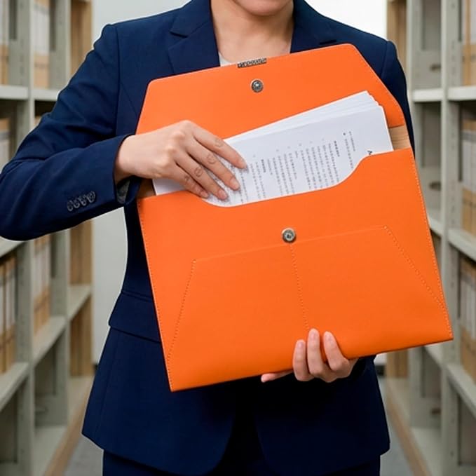VANRA File Folder Document Holder Organizer Waterproof Portfolio Leather Folder Case with 3 Pockets, Filing Envelopes for A4 Letter Size Paper with Snap Magnetic Button Closure (Orange)