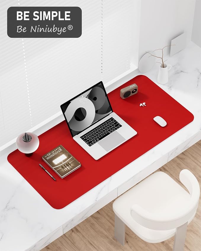 Desk Pad, 23.6" x 13.8" PU Leather Non-Slip Desk Mat Large Mouse Pad for Desktop, Waterproof Laptop Computer Writing Mat for Office, Home, Work, Gaming, Bright Red