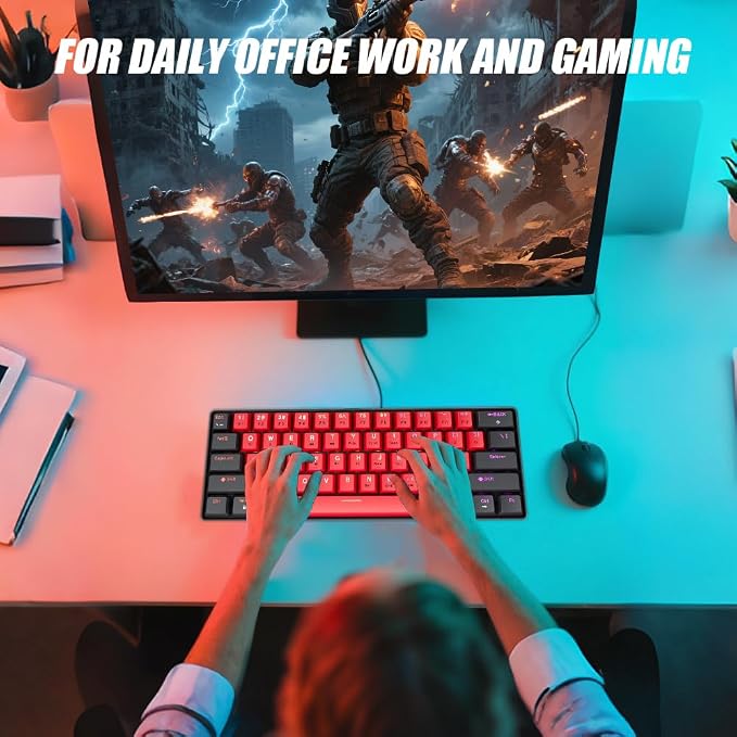 abucow 60% Mechanical Gaming Keyboard Black Switch Wired Compact Keyboard Anti-Ghosting No-Conflict 61 Swappable keycaps Ergonomic Design for Windows/Mac (Black-Red)
