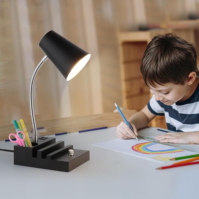 Study Desk Lamp with USB Charging and Type-C Night Light, Gooseneck LED Table Lamp Stepless Dimming Study Table Lamp with Pen Holder for College Dorm Bedroom and Office (Black)