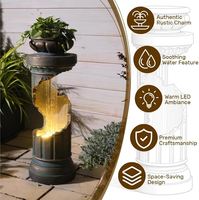 Sunlinua Outdoor Water Fountain with LED Light, Modern Spiral Tiered Outdoor Fountain with Stone Planter Curved Freestanding Waterfall Fountains for Garden Patio Deck Porch Gold
