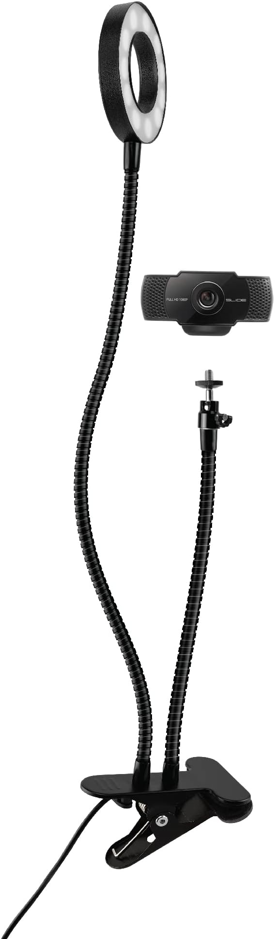 Slide 1080P HD Webcam with Portable Ring Light and Clamp-on Stand, Streaming Camera with Mic, 30 FPS, 30 Light Modes, 2 Flexible Arms, Secure Clamp, Includes Sliding Lens Cover and USB Cable