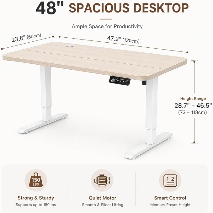 IWAYLIFE 48 Inch Electric Standing Desk, Height Adjustable Stand Up Desk for Home Office, Sit Stand Computer Desk with Memory Presets, Ergonomic Gaming Desk, Wood
