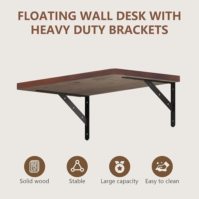 Floating Wall Desk for Home Office,Wall Mounted Table with Pine Wood,24 Inch Workbench for Garage,Work Table with Heavy Duty Brackets for Kitchen,Dining,Laundry,Floating Shelf for Wall