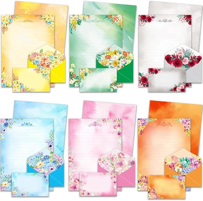 Anzon Mories A4 60 Pieces Cute Stationary Writing Paper and Envelope Set (2 Sides Colored, 1 Side Lined) 30 Sheets, 30 Pcs Envelopes, Kawaii Letter Stationery Floral Decoration