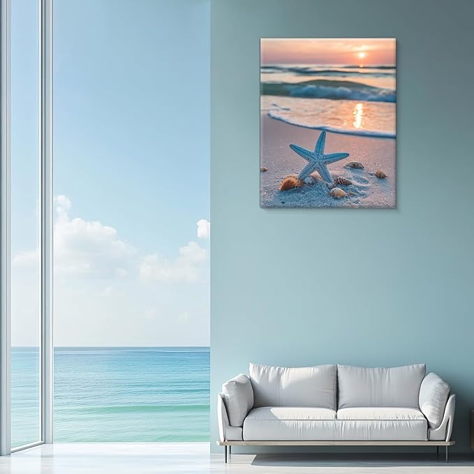 Coastal Wall Art Decor Canvas, Sunset Starfish Beach Print, Blue Beach Bathroom Wall Art for Home Bedroom Living Room Wood Framed 8x10 Inch