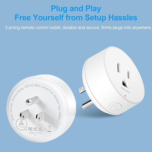 15 amp Plug with Remote,GreenCyle 3 Remote Control Outlet Plug with 1 Switch,Wireless On/Off Light Switch Wall Mounted,15A/1500W,TUV List,No Wiring Needed,500ft RF Range,for Lamp,Household Appliances