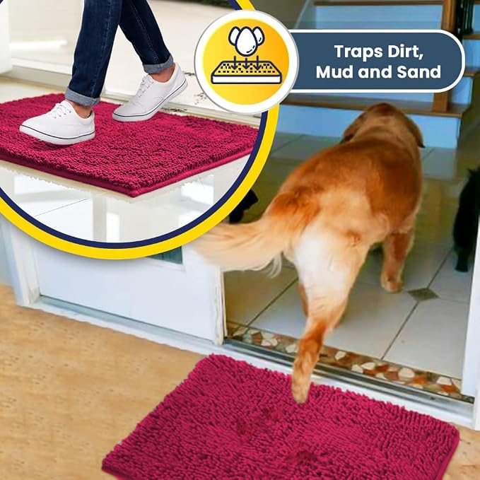 Muddy Mat® | Super Absorbent Door Mat Indoor, Microfiber Quick Dry Chenille Entryway Rug, Non-Slip Front Door Mat, Indoor Mats for Entryway, Machine Washable Pet Rug, Hot Pink 16" x 24"