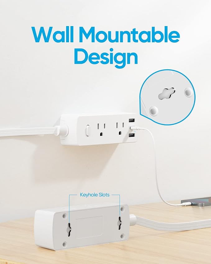 Olcorife Flat Plug Power Strip with 20 FT Extension Cord, 6 Outlets 3 USB Ports(1 USB C), 3 Sided Outlet Extender for Home Office Travel Dorm Room Essentials, White