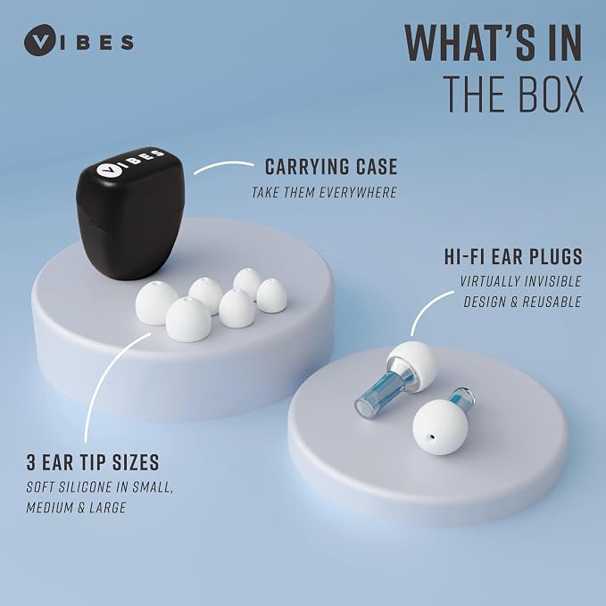 Vibes High Fidelity Ear Plugs - Invisible Earplugs for Music Concerts, Musicians, Motorcycles, Airplanes, Raves, and Work - Noise Reduction and Hearing Protection - Fits All Ears - Blue