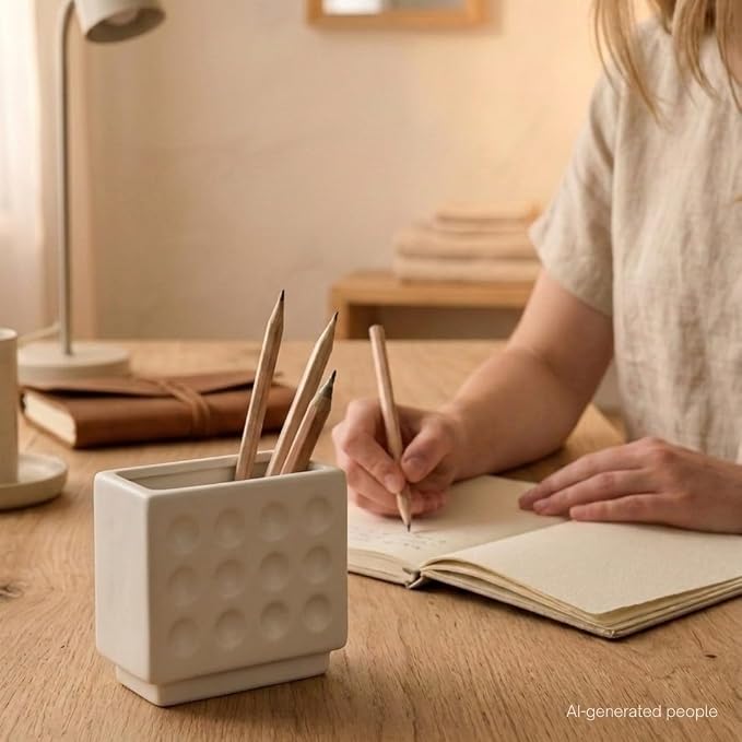 WENSHUO Ceramic Pen Holder,Pen Holder for Desk, Makeup Brush Holder, Crème | Building block-shaped ceramic organizer in Matte Crème, 3.7 x 3.7 x 1.5 in, for pens, makeup brushes and small flowers.