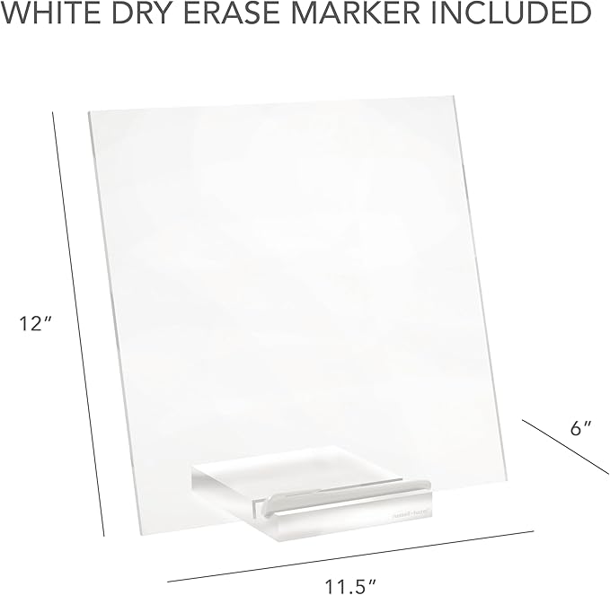 russell+hazel Acrylic Dry Erase Board and Marker, Memo Tablet for Desktop with Stand, Clear Acrylic, 12” x 6” x 11.5” (31384)