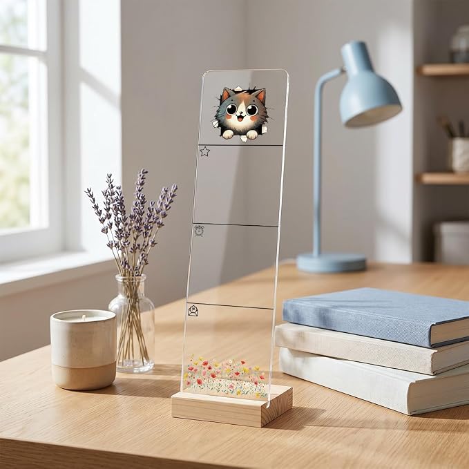 Sticky Note Holder, Monitor Memo Board, Acrylic Post It Note Holder with Wooden Base, Includes 200 Notes, Desk Organizer for Office, Cute Cat Design