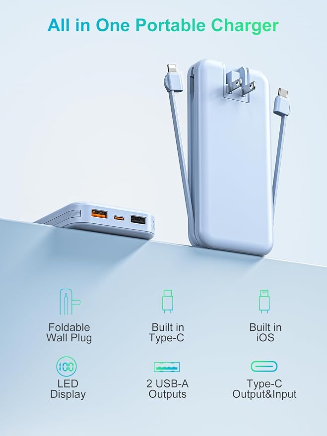 citicr Portable Charger 10000mAh PD20W w/Built-in Cables & Wall Plug Blue | Fast charging, Built-in wall plug, LED display, Charge 5 devices at once, Pass through charging, TSA approved, Pocket size