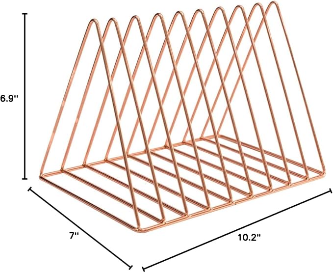 Sooyee 9 Slot Rose Gold Magazine Holder, Desktop File Sorter Organizer Triangle Bookshelf Decor for Home Office, 10.2" L x 7" W x 6.9" H, Iron Wire