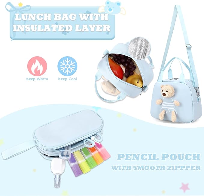 ACESAK Girls Backpack for School Set - 5 PCS Cute Girls Backpack with Lunch Box, Pencil Case, Bento Box & Insulated Water Bottle - Kawaii Casual Kids Bookbag Set Back to School Supplies (Blue)