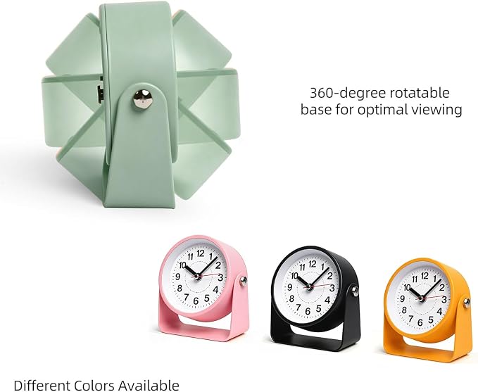 3.5" Analog Alarm Clock, Small Retro Desk Clock 360° Adjustable Angle | Silent Table Metal Clock with Night Light Snooze for Living Room Decor,Bedroom,Bedside,Shelf, Snooze Clock for Adults