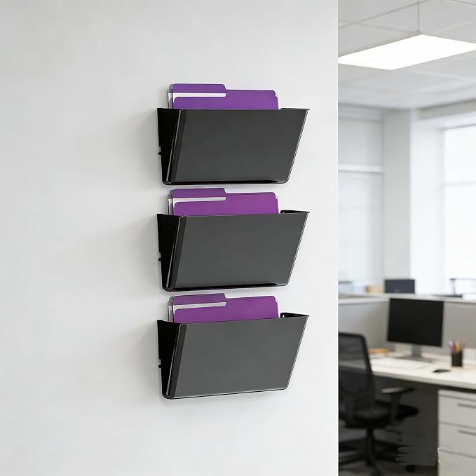 MINDEPOT 3 Pockets Acrylic Wall File Organizer, Wall File Holder Black