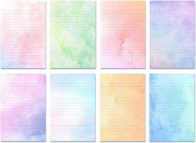 TEETOOKEA 72 Pieces Stationery Set with Envelopes (48 Lined Watercolor Sheets + 24 Matching Envelopes), 8 Unique Designs, 5.5 x 8.25 inch Double Sided Printing stationery paper for Letter Writing