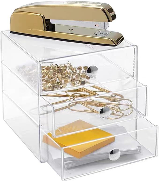AJIODA Makeup Drawer Organizer Box with 3 Drawers, Acrylic Cosmetic Display Case Vanity Organizer Jewelry Storage Box Stackable Storage for Cosmetics, Skin Care, Bathroom, Countertop, Silver Handle