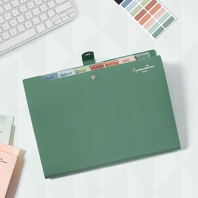 Sooez Elegant Accordion File Organizer, 8 Pocket Expanding File Folders with Labels, Portable Folder for Documents, Cute Paper Organizer for School Office Supplies, Letter Size, Light Green