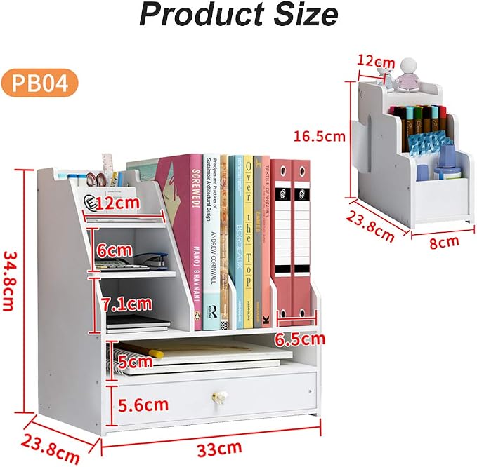 Desk Organizer with Pen Holder, DIY White Office Stationery Desktop Storage Holder Sorter with Drawer for Home, Office and School (PB04)