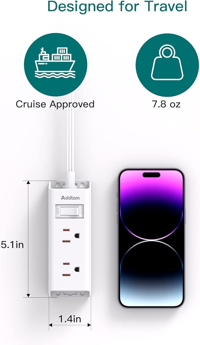 Flat Extension Cord 15 ft - Addtam Flat Plug Power Strip with 6 Outlets Extender, Long Extension Cord with Multiple Outlets, Wall Mount for Home Dorm Room Essentials, ETL Listed