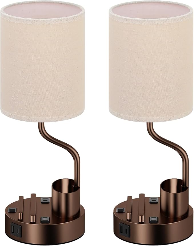 Bedside Table Lamps for Bedroom Set of 2 - Beige Nightstand Lamp with AC Outlet Charging Port and USB A C, 3 Color Temperatures, Included Phone & Pen Holder, Brown Night Stand Lamps for Guest Room