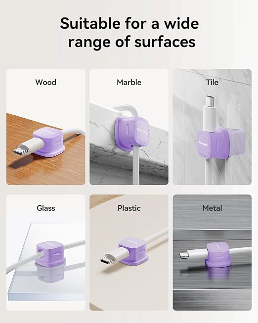 6 Pack Cable Management Cord Organizer, Magnetic Cable Clips-1s Lock, Rocoren Desk Adhesive Cord Cable Clip Wire Holder Keeper for Phone Charger Wire, Nightstand, Car, Office, Desktop Accessory,Purple