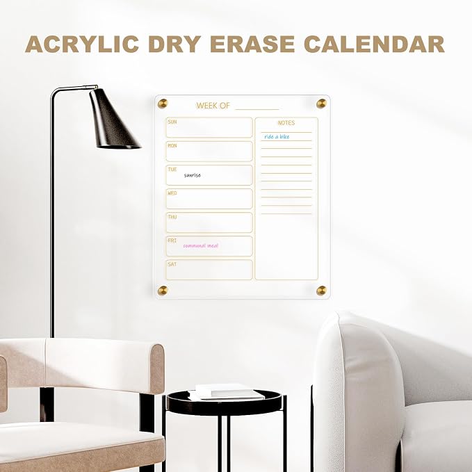 Small Acrylic Calendar for Wall, 12" X 14" (Golden) | Acrylic Wall Calendar, Clear Wet & Dry Erase Board Hanging Frameless Weekly Planner for Office, Home or School, 2 Markers