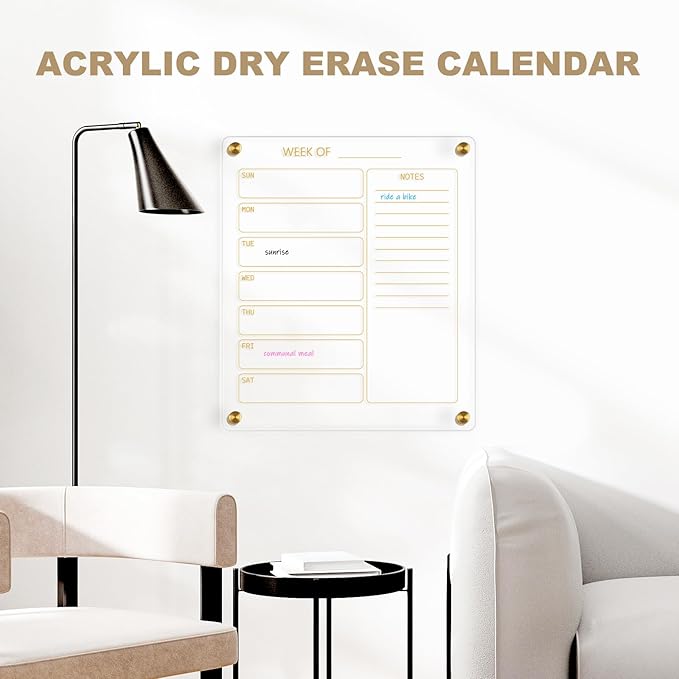 Small Acrylic Calendar for Wall, 12" X 14" Golden Clear Acrylic Wall Calendar, Clear Wet & Dry Erase Board Hanging Frameless Weekly Planner for Office, Home or School, 2 Markers