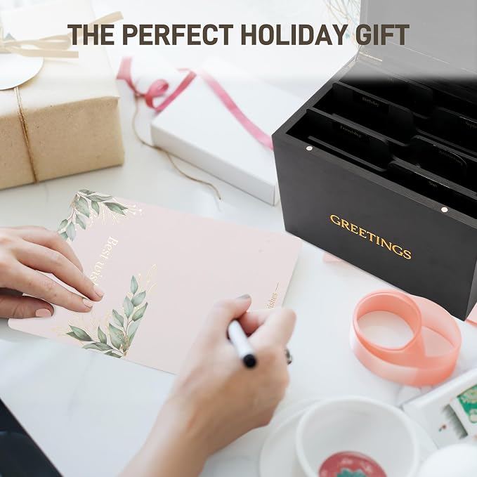 Large Bamboo Greeting Card Organizer Box with 6 Removable Dividers, Real Leather Handle, 100% Handmade Solid Bamboo, Storage Box for Christmas, Valentine, & Birthday Cards, Postcards, Stationery& More