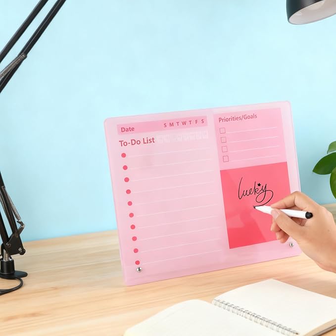 Pink Acrylic Dry Erase Board 12x10 inch, Thickened Desktop to Do List Planner Board with Stand and Markers, Frameless Tabletop Pink Dry Erase White Board Daily Task Organizer for Office Home School