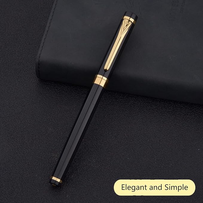 Borges Black Lacquer Rollerball Pen - Stunning Luxury Pen with 24K Gold Finish, Schmidt Ink Refill, Best Roller Ball Gift Set for Adult (Modern)