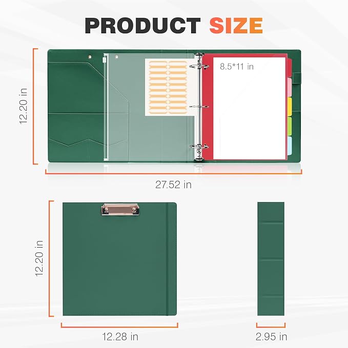 Eyrozill Professional Leather Portfolio with Clipboard, Zipper Pouch, 5 Sheets Plastic Dividers,Leather 3 Ring Binder 8.5 x 11, 2-inch Round Rings, Green