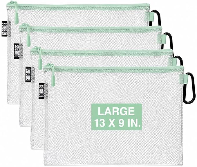 GOBAGS Air Production Large Clear Zipper Pouch (4-Pack) – Cable Organizer & Travel Gear Bag for Electronics, Camera Accessories, Tool Pouch & Small Tech Storage (Mint Green)