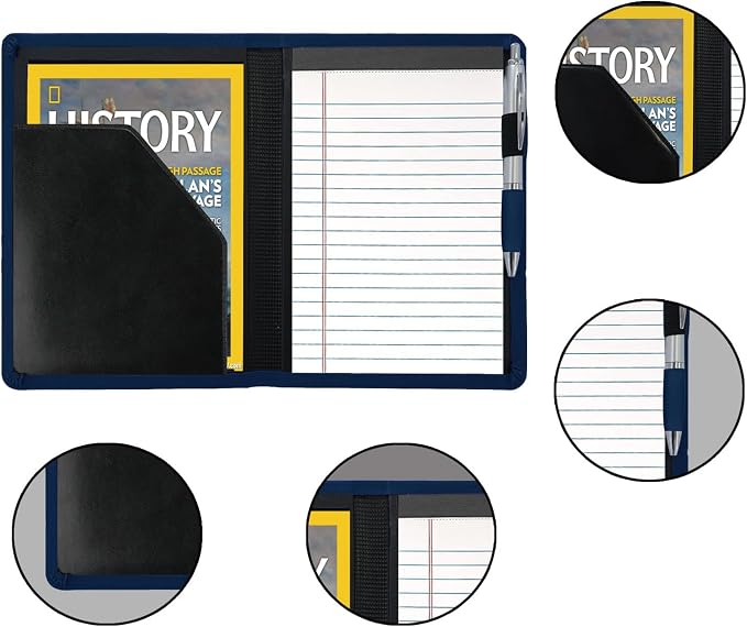 Mini Padfolio/Junior Portfolio Folder Case, Business A5 Binder Organizer Notepad for Men Women, 5 x 8 Writing Pad Included, Navy Blue.